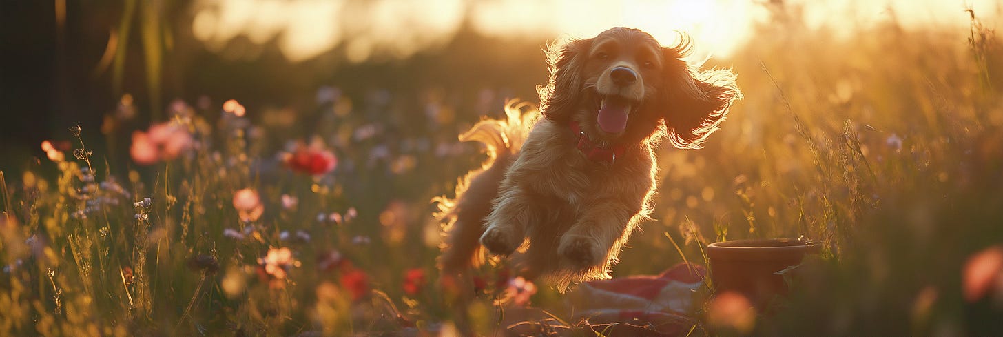 Cocker Spaniel playing in sunlit garden, full of joy and energy. Everyday happiness inspired by THiNK LiKE A DOG lifestyle.