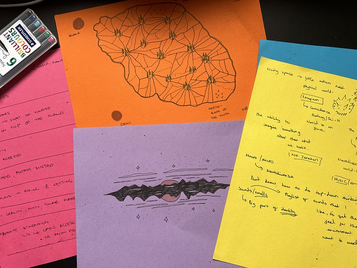 a selection of images taken from a workshop- sketches on brightly coloured paper, a hand drawn map, a cross section of a planet with crystals inbedded in the earth, and a pile of sugar, used to form the basis of an island shape.