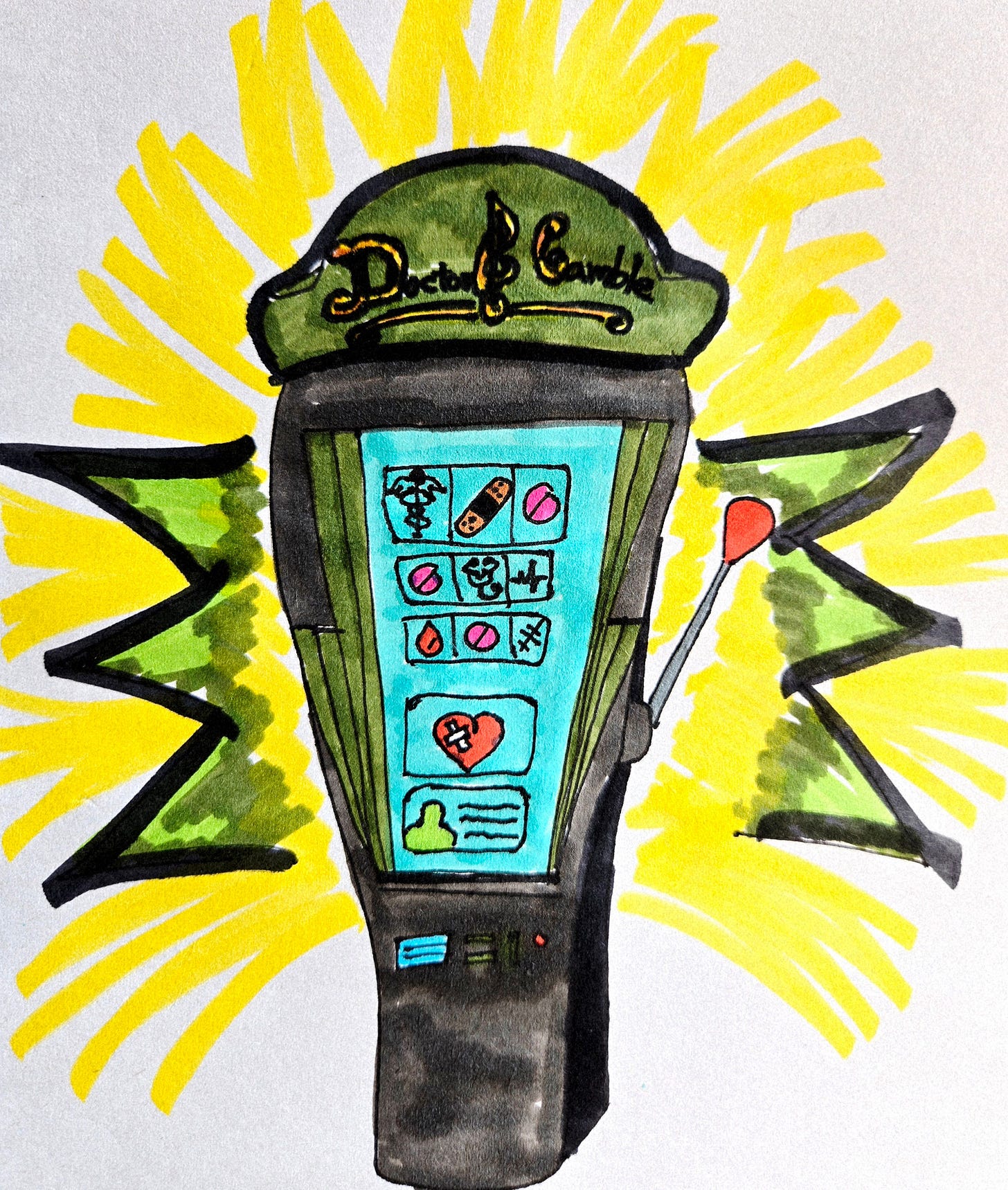 A hand-drawn marker and ink slot machine. It has healthcare iconography on the slot screen, such as pills, a blood drop, a stethoscope, and more. Explosions of yellow and green color surround the machine.