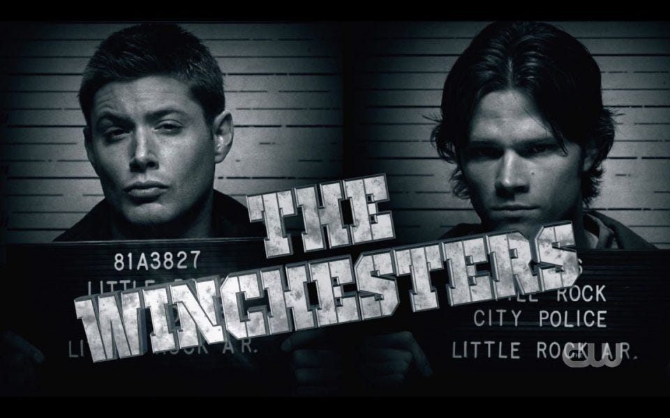 Dean Winchester with Sam mug shots for monster mayhem Dean Winchester with Sam mug shots for monster mayhem