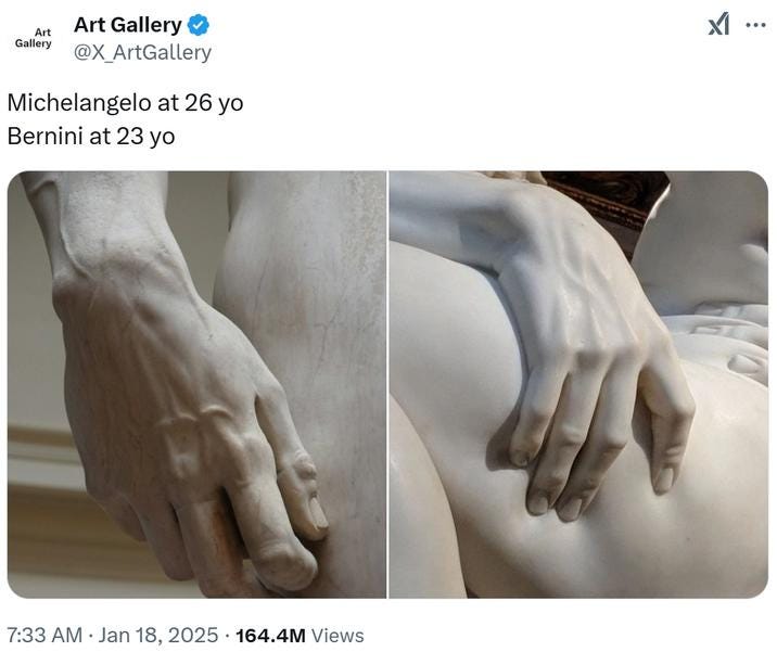 The original "Michelangelo at 26 yo, Bernini at 23 yo" post that spawned a meme in January 2024.