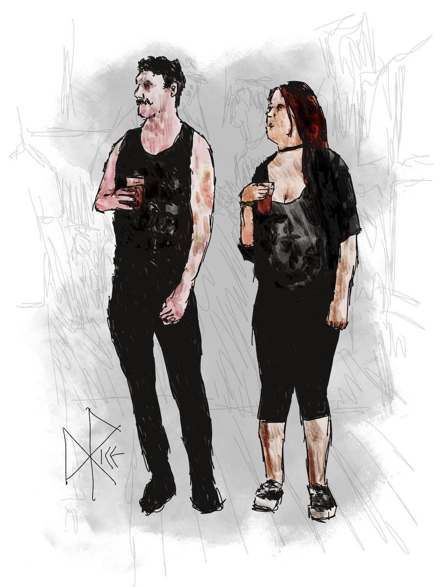 Dressed in mostly black, a couple stand and listen to a band while holding glasses of beer. Sketch art by Don Rice. Dressed in mostly black, a couple stand and listen to a band while holding glasses of beer. Sketch art by Don Rice.