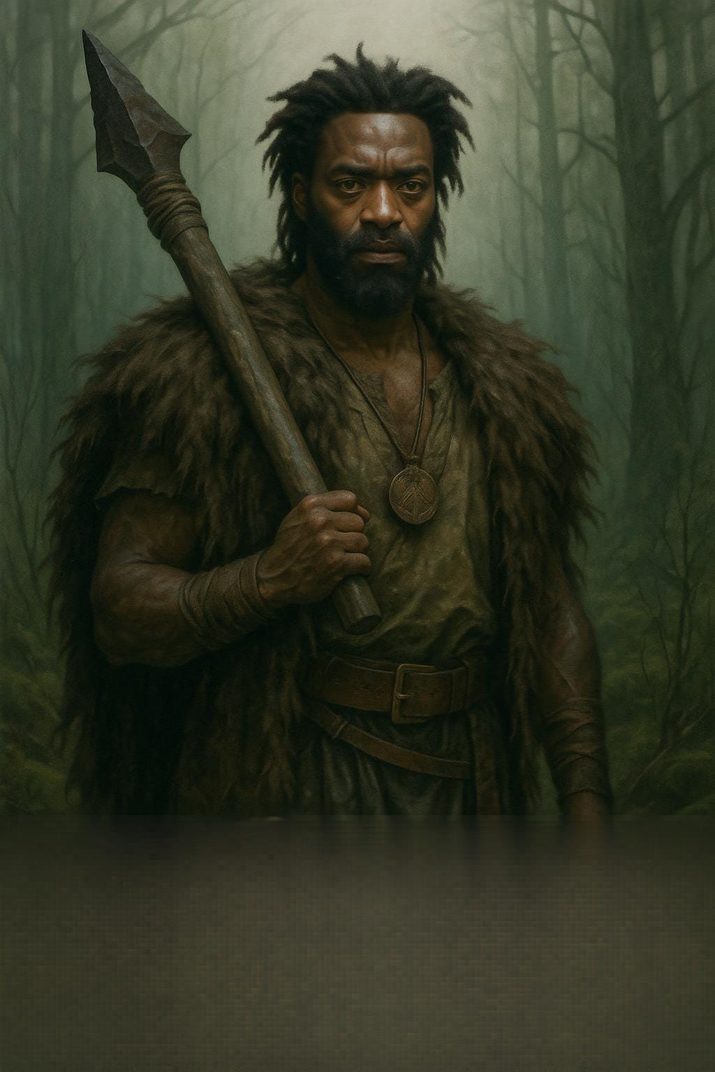 A dark fantasy portrait of Kavan, the spirit warrior from Curse of Strahd, visually inspired by Chiwetel Ejiofor. He stands atop a moss-covered hill in a misty forest, surrounded by ancient stones and raven feathers. His expression is solemn and powerful, eyes glowing faintly with ancestral energy. He wears druidic leathers layered with battle-worn armor, a broken spear strapped across his back. His skin is dark, his hair tightly coiled, and his presence evokes reverence and myth. The atmosphere is ethereal, with green light pulsing from the earth and fog curling around him like memory.