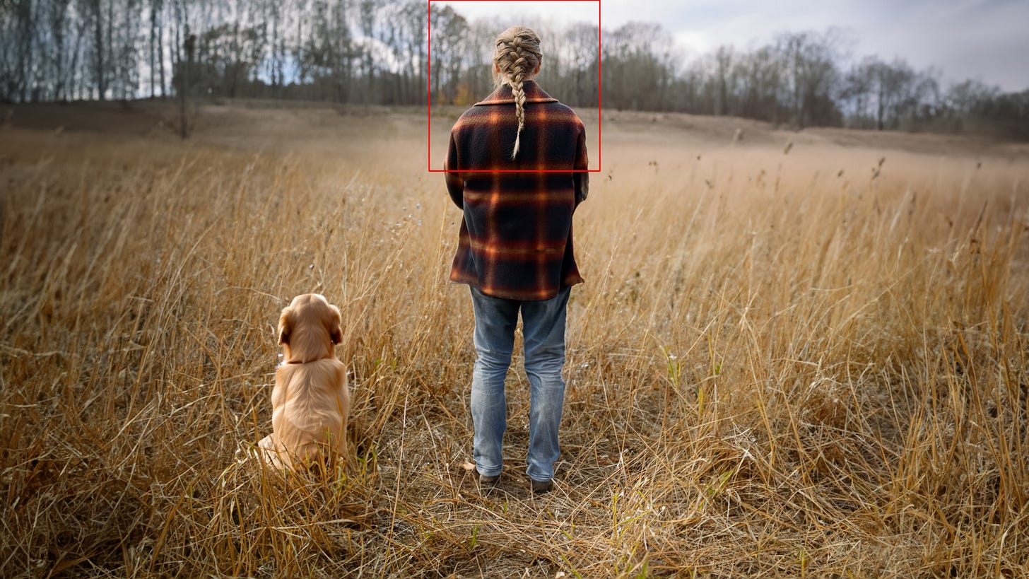 A woman and dog standing in a field of tall dry grass in the autumn, with bare trees in the background. A woman and dog standing in a field of tall dry grass in the autumn, with bare trees in the background.