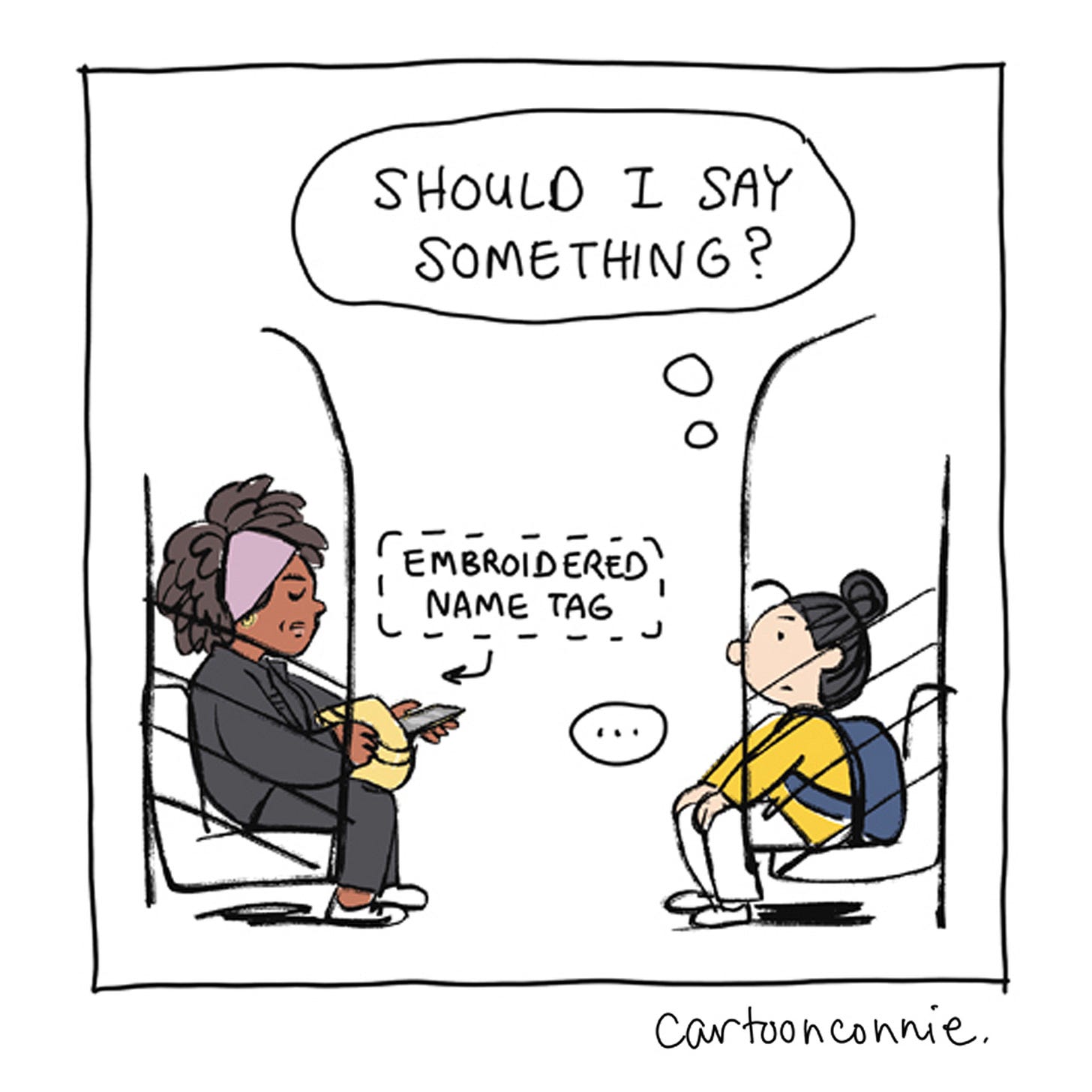 Panel 1/12 of a two-page diary comic about an encounter on a New York City subway in which Connie meets another Connie. Titled "City Diary, July 2026," by Connie Sun, cartoonconnie.