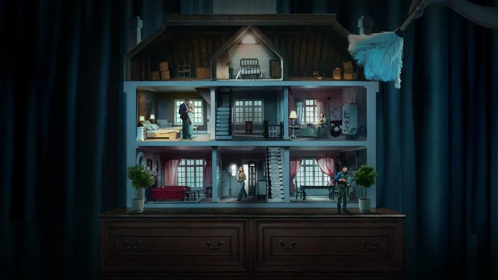A still from The Housemaid shows a doll house lit up from inside, with various scenes playing out in each room. At the very top is an empty attic, looking ominous.