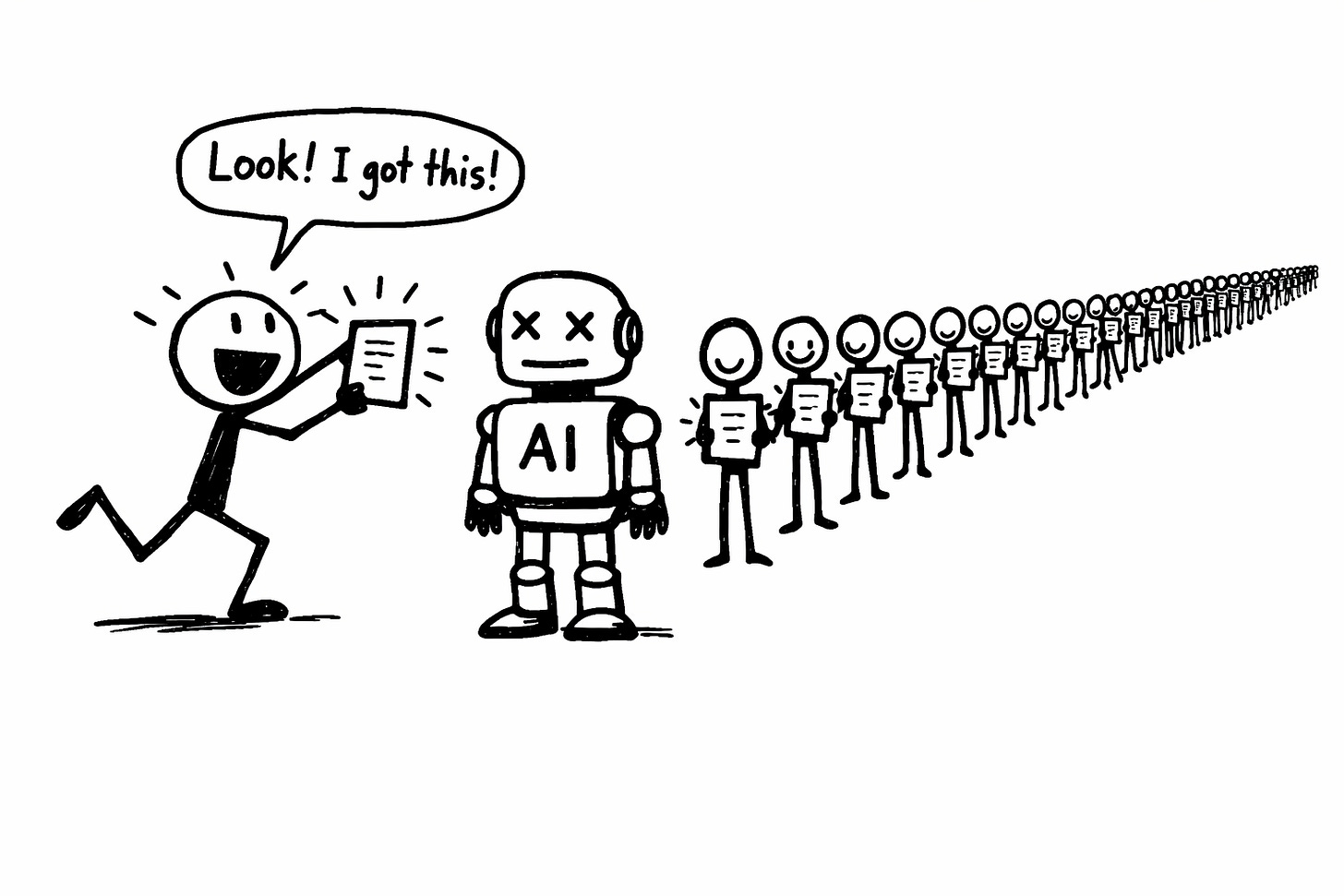 Stick figure excitedly shows AI robot a brand voice document while a long line of identical figures hold the same document behind them, illustrating how millions of businesses using the same brand voice templates produce identical AI content