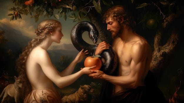 Fall of innocence Adam and Eve in the garden of eden confronted by the  serpent and
