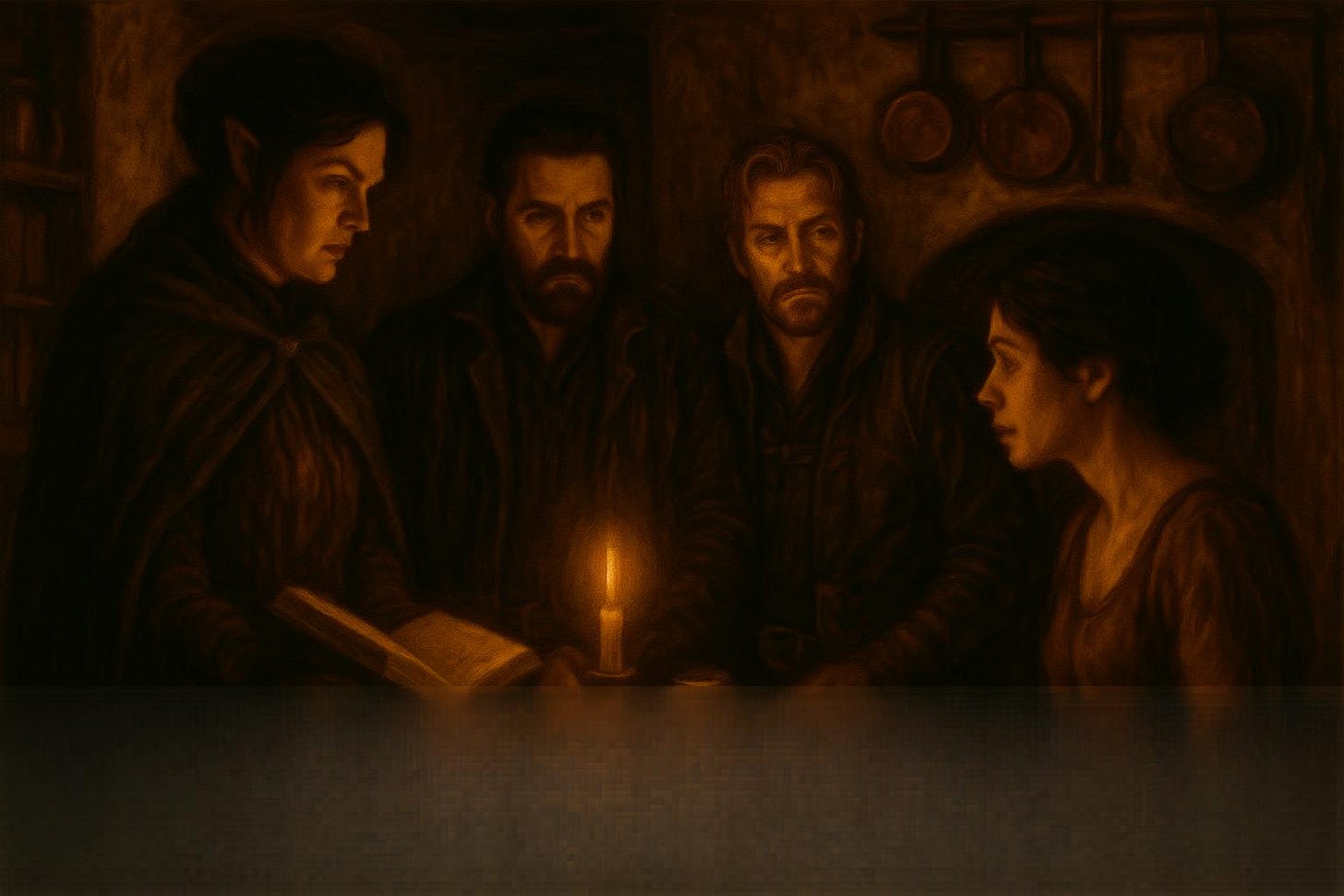Clarion, Fleetwood, and Greegan speaking with the cook Tereska in the kitchen of the Vallakovich mansion. Clarion is visually based on Gwendolyne Christie—tall, poised, with black hair and a diplomatic expression. Fleetwood resembles Richard Armitage—dark-haired, rugged, dressed in a long coat, with a skeptical gaze. Greegan is visually based on Matt Ryan—lean, sharp-eyed, dressed in rogue’s leathers, one hand near a hidden dagger. Tereska, the cook, is visually based on Olga Kurylenko—elegant yet weary, with dark hair pulled back, wearing a stained apron and holding a ladle. The kitchen is dimly lit, with copper pans hanging on soot-streaked hooks and a door ajar to the cold cellar. The mood is tense, with candlelight catching on polished wood and the glint of suspicion in Tereska’s eyes.