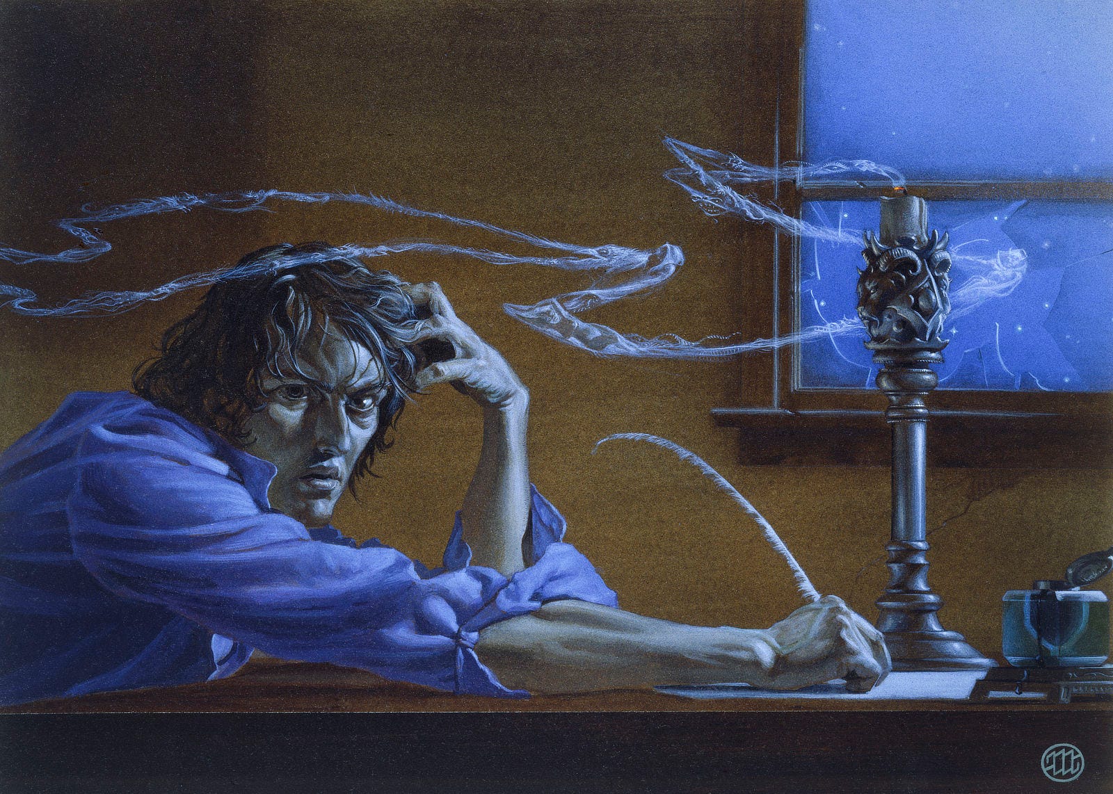 An artist—lost in the moment when either magic happens or madness takes hold—leans over his writing table with quill in hand. The cuffs of his blue shirt are undone, not rolled neatly but drawn up hastily as if to give his arms release from confinement. As he stares over, his gaze bores into the viewer, half accusing, half pleading. A glossy sheen reflects in one eye as moonlight illuminates that side of his face. His head rests on tense fingers that seem to push into his troubled thoughts. Sandy brown hair hangs tousled, the ends clearly slick with sweat. Figures, both horrific and temptingly curvaceous, warp in the abstract smoke that wafts past from a squat candle burning low. Nearly extinguished, the wick glows. All signs indicate that he's been there awhile. The ornate candlestick is dull silver, speaking to some ritual in the curl of horns and goat faced demon at its top. Stars dot the dim blue sky in the windows beyond. The lower pane of glass is shattered. An artist—lost in the moment when either magic happens or madness takes hold—leans over his writing table with quill in hand. The cuffs of his blue shirt are undone, not rolled neatly but drawn up hastily as if to give his arms release from confinement. As he stares over, his gaze bores into the viewer, half accusing, half pleading. A glossy sheen reflects in one eye as moonlight illuminates that side of his face. His head rests on tense fingers that seem to push into his troubled thoughts. Sandy brown hair hangs tousled, the ends clearly slick with sweat. Figures, both horrific and temptingly curvaceous, warp in the abstract smoke that wafts past from a squat candle burning low. Nearly extinguished, the wick glows. All signs indicate that he's been there awhile. The ornate candlestick is dull silver, speaking to some ritual in the curl of horns and goat faced demon at its top. Stars dot the dim blue sky in the windows beyond. The lower pane of glass is shattered.