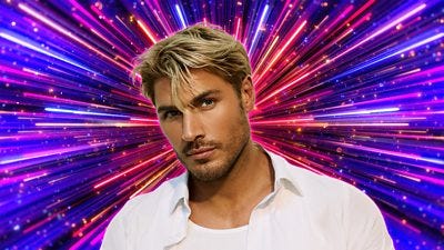 A man in a white shirt looks to camera, side on, set against a glittering purple, pink and blue background A man in a white shirt looks to camera, side on, set against a glittering purple, pink and blue background