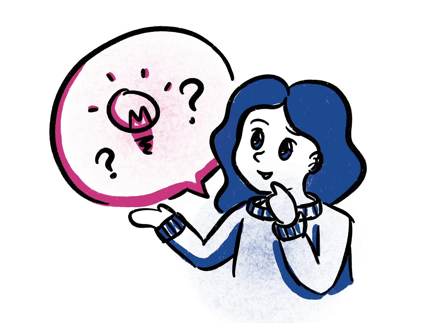cartoon femme presenting person with a question mark and lightbulb in a thought bubble.