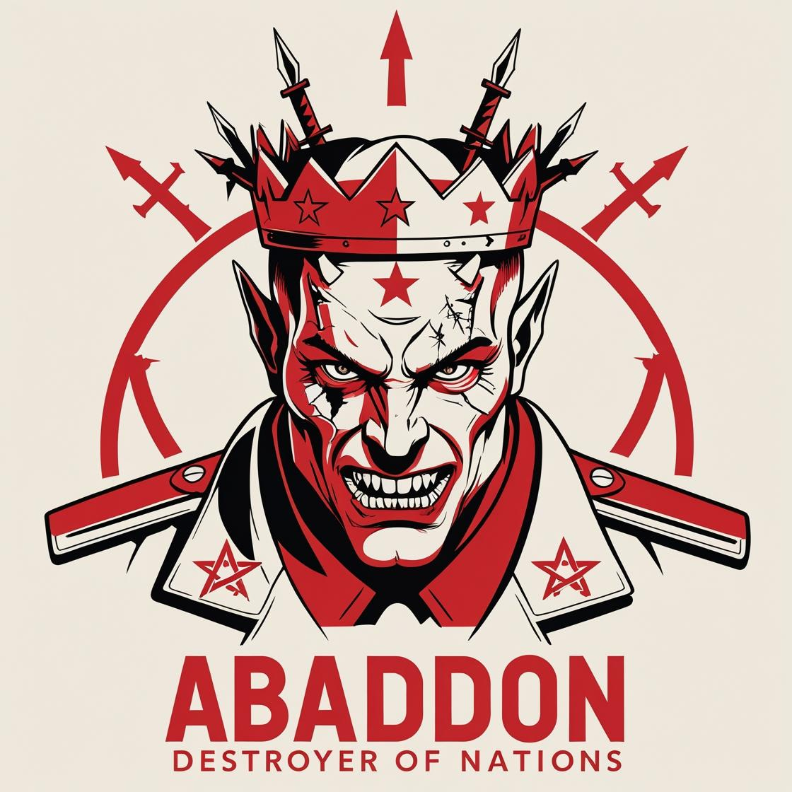 Abaddon, Destroyer of Nations - demonic war correspondent portrait for Dark Lord's Dispatch political satire newsletter, featuring militaristic demon with crown of blades, crossed swords, pentagram symbols, and maniacal grin representing military-industrial corruption and warmongering.