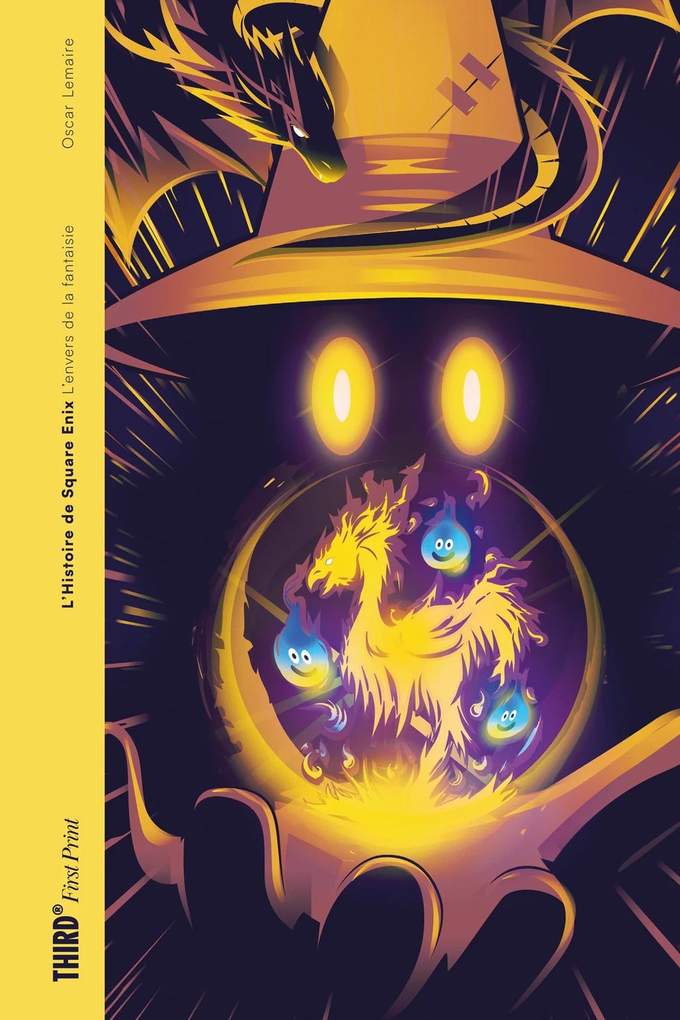 Illustrated book cover for L Histoire de Square Enix L Envers de la Fantaisie showing a dark mage figure with glowing yellow eyes holding a crystal orb containing a golden phoenix and blue slime creatures. A dragon silhouette curves above against a dramatic purple and gold fantasy backdrop, with Third Editions branding along the spine.