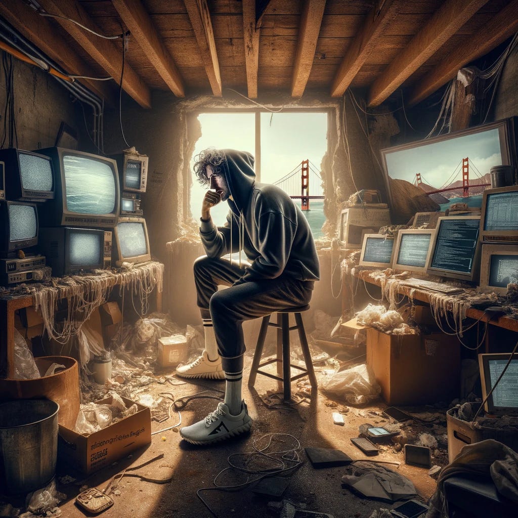 Capture a scene that dramatically illustrates the existential turmoil of a modern startup founder, deeply inspired by the gritty realism of Dostoevsky's 'Notes from the Underground', yet infused with the distinct characteristics of a 'tech bro' in distress. Set within the confines of a disheveled basement in San Francisco, this image portrays a man embodying the typical tech bro fashion - wearing Allbirds shoes, a hoodie, and sweatpants. The room is cluttered with broken technology - shattered screens, frayed cables, and obsolete gadgets, symbolizing the debris of failed ambitions and the ephemeral nature of tech success. The man appears disheveled, his posture and expression conveying a sense of madness or profound disillusionment, a modern-day reflection of Dostoevsky's demented protagonist. Through a small, grimy window, the Golden Gate Bridge is just discernible, juxtaposing the man's chaotic interior world with the external symbol of achievement and progress. This image should be rendered with rough textures and stark contrasts, mimicking the style of an old oil painting, to emphasize the raw emotional intensity and the stark reality of the scene.