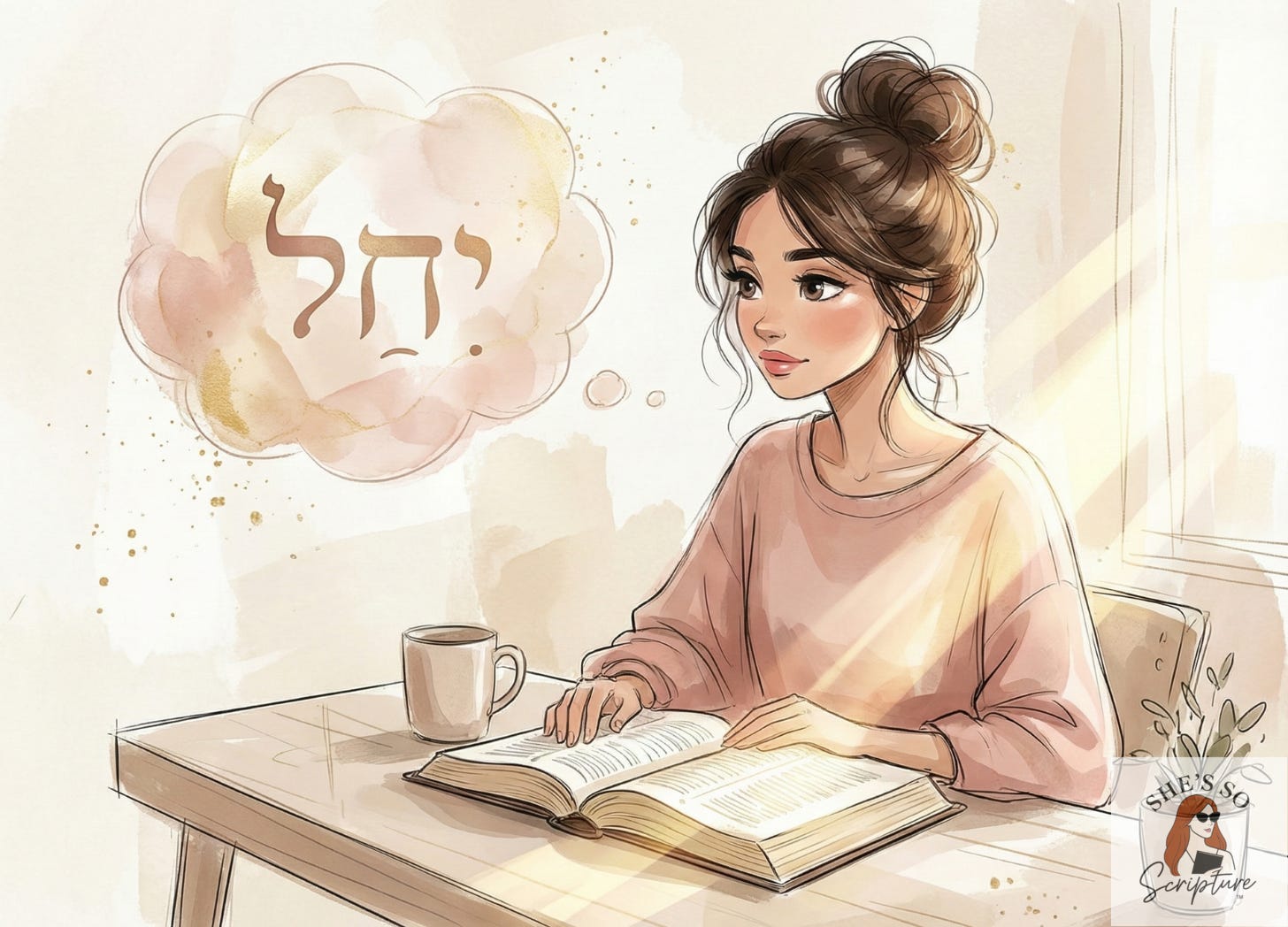 watercolor image of a woman in front of an open Bible on a desk with a coffee mug and the word yachal in Hebrew text as a thought cloud