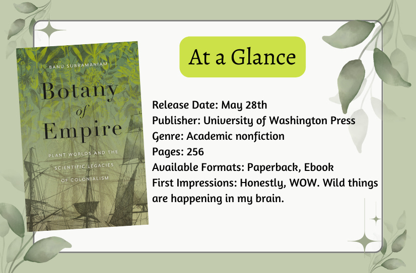 Cover image and ‘At a Glance’ info on a white background bordered by green leaves. Release Date: May 28th; Publisher: University of Washington Press; Genre: Academic nonfiction; Pages: 256; Available Formats: Paperback, Ebook; First Impressions: Honestly, WOW. Wild things are happening in my brain.