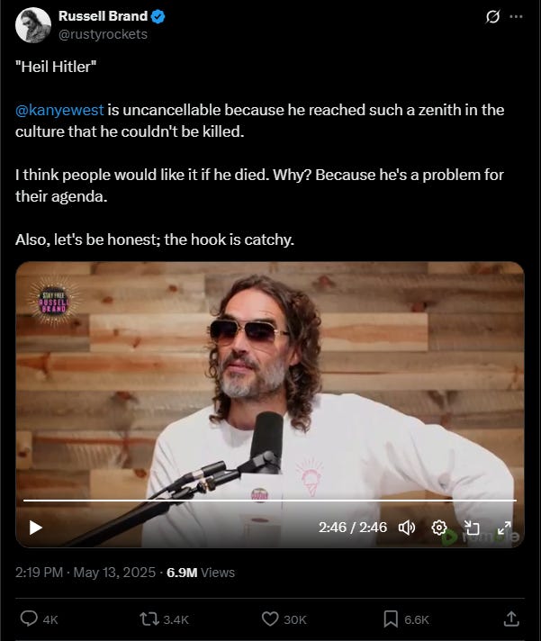 Russell Brand post on Kanye West's 'Heil Hitler' song.