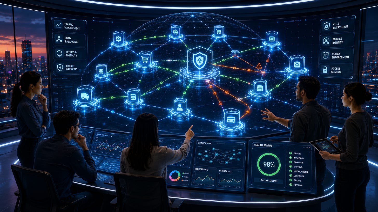 Engineers monitor a holographic service mesh controlling secure traffic between microservices. 