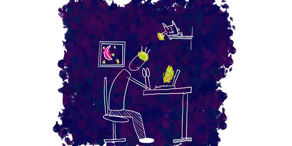 Product manager struggling to do work on his laptop at night