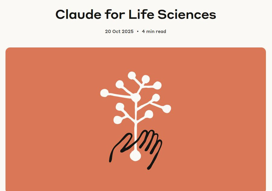 Anthropic webpage screenshot titled Claude for Life Sciences dated 20 Oct 2025 with 4 min read time, featuring an orange background with a white branching tree-like structure and a hand-drawn hand icon at the bottom.