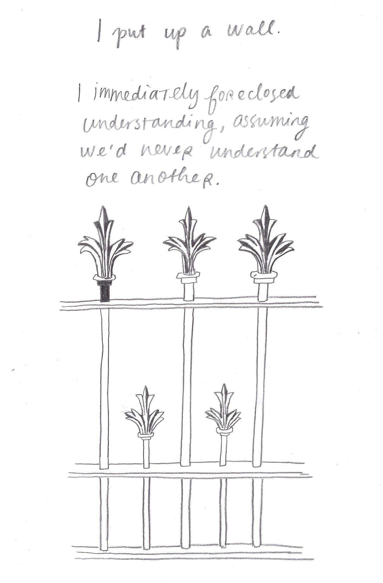 I put up a wall. I immediately foreclosed understanding, assuming we’d never understand one another. 
