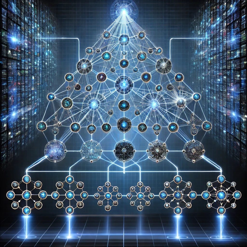 A visual representation of a Hierarchy of Mixtures of Experts (HME) model, depicting multiple layers of expert models connected in a structured tree-like hierarchy. At the top, a master gating network dynamically selects between different expert pathways. Each expert model is illustrated as a glowing neural node, interconnected with others, forming a cascading decision process. The background is a deep, futuristic blue with digital neural network patterns, emphasizing the AI-driven complexity of the system. The image is purely graphical with no text or labels present.