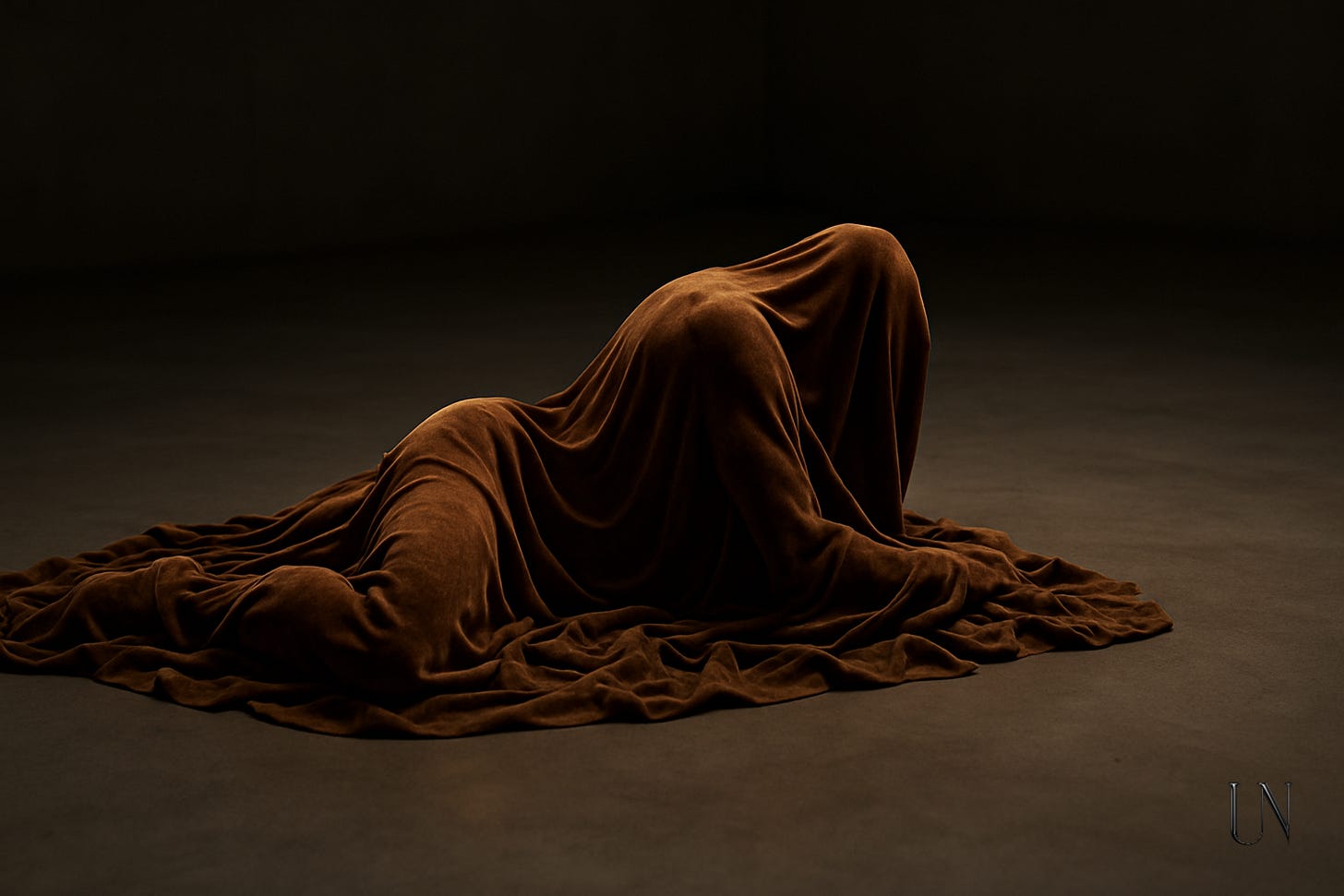 A figure cloaked in rich brown velvet lies contorted on the floor, their form barely visible beneath the draped fabric. The lighting is low, sculptural—casting soft shadows across the folds like scars on skin. The shape is human, but unnamed. Anonymous grief, embodied memory. A figure cloaked in rich brown velvet lies contorted on the floor, their form barely visible beneath the draped fabric. The lighting is low, sculptural—casting soft shadows across the folds like scars on skin. The shape is human, but unnamed. Anonymous grief, embodied memory.
