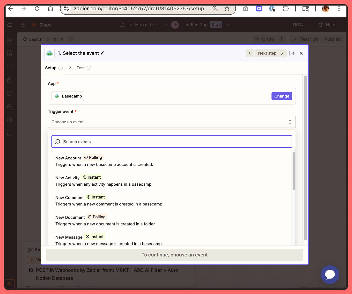 Zapier interface showing Basecamp trigger event options including New Account, New Activity, New Comment, New Document, and New Message, each with polling or instant timing options.