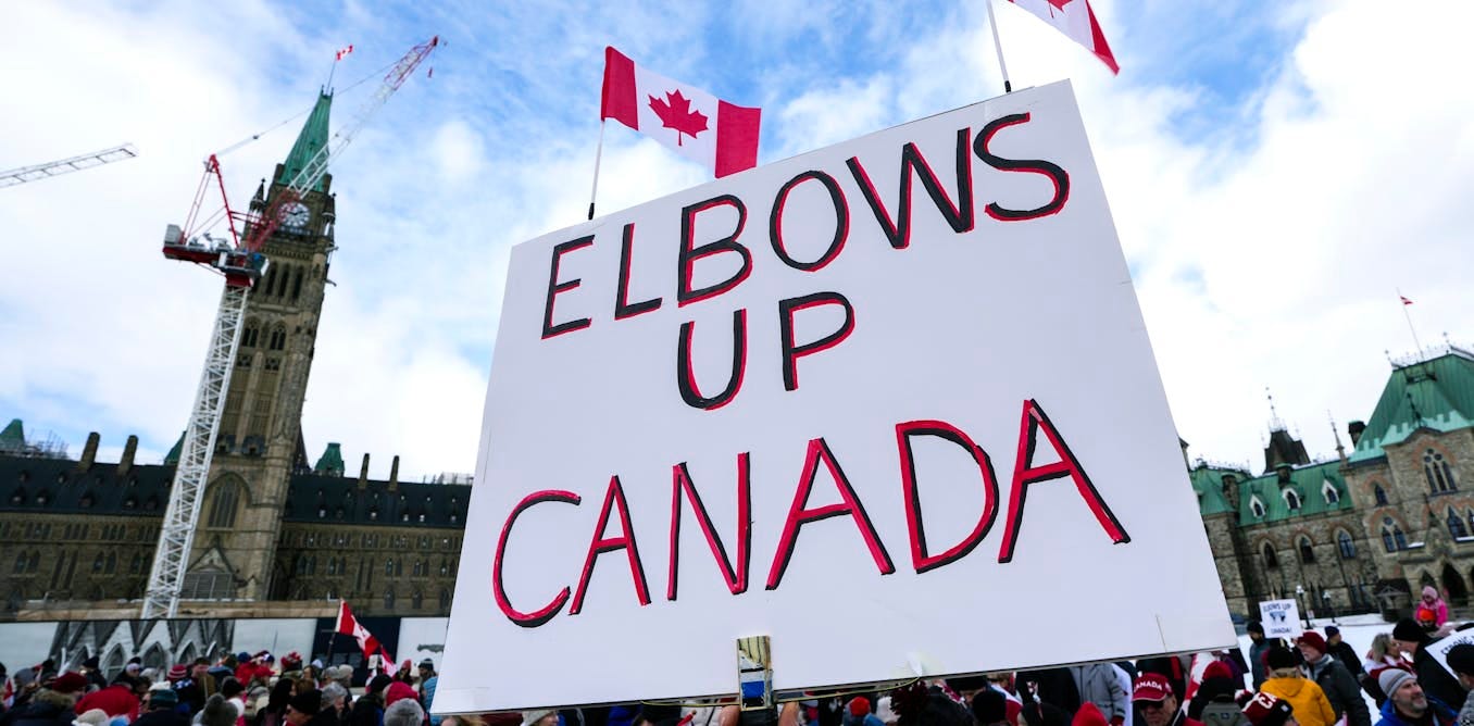 Why Gordie Howe's elbows are Canada's answer to Donald Trump A participant holds an "Elbows Up Canada" sign during rally in response to U.S. President Donald Trump's threats to Canadian sovereignty, on Parliament Hill in Ottawa, on Sunday, March 9, 2025. (Justin Tang/The Canadian Press via AP)