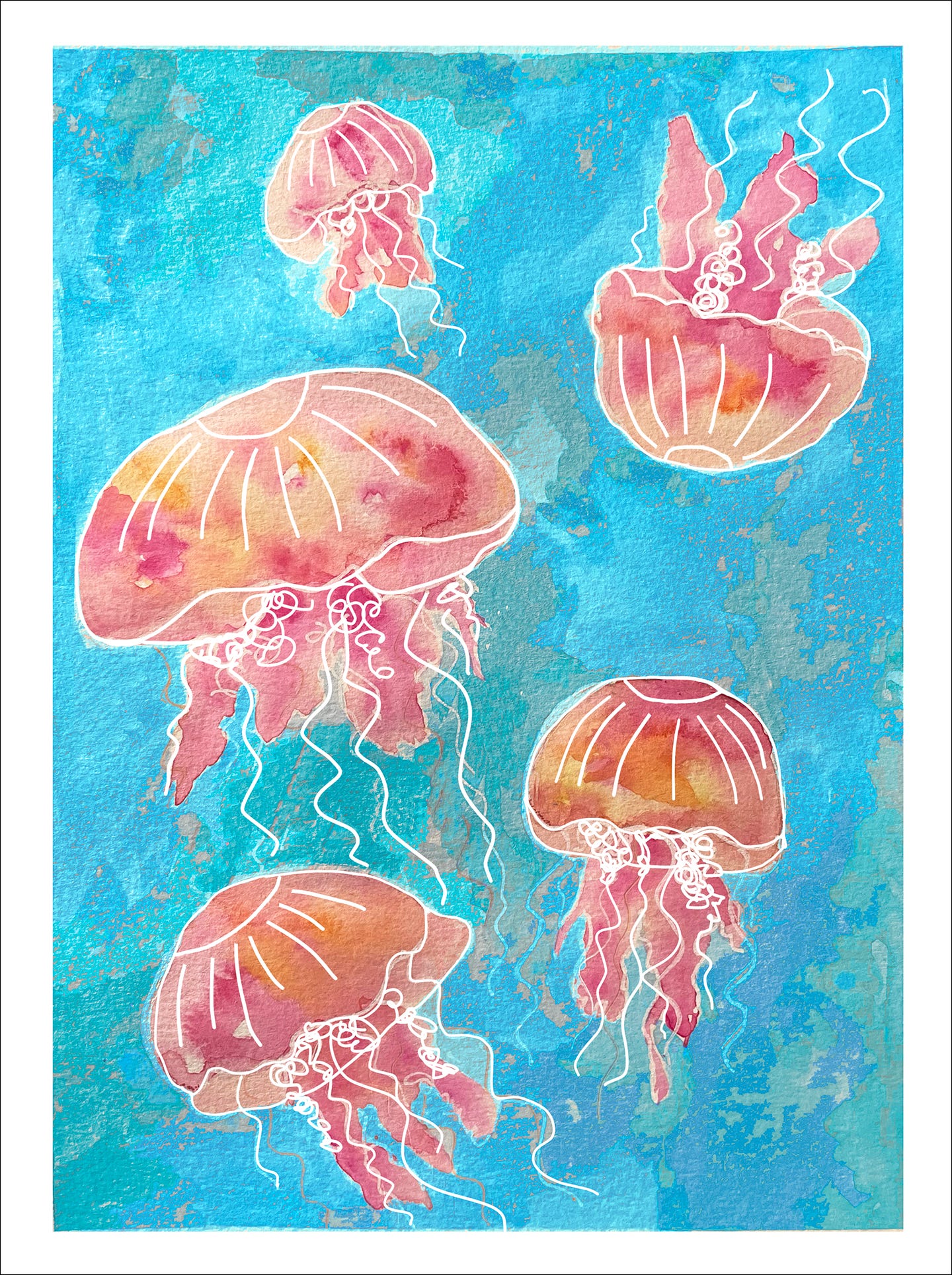 Watercolor painting of pink and orange jellyfish on blue background