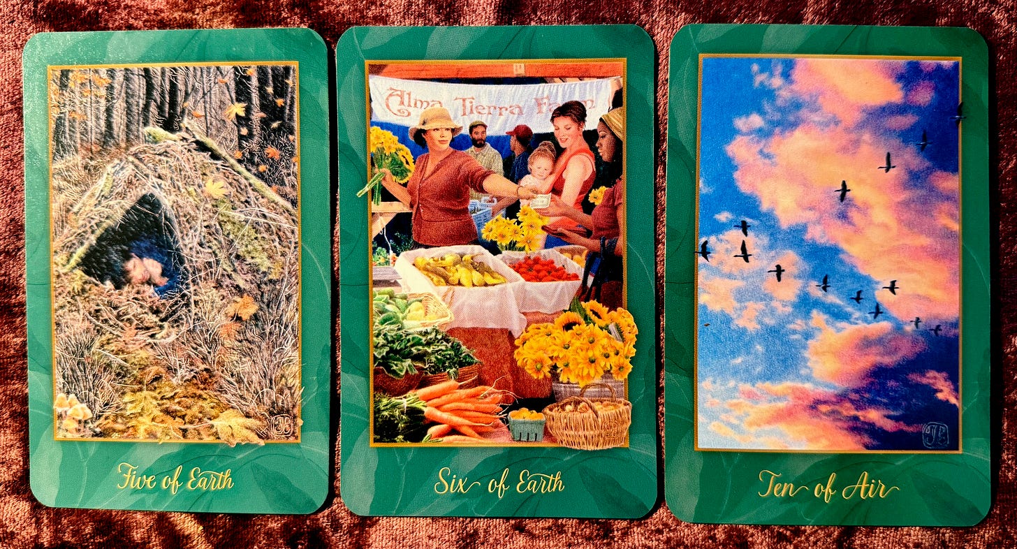 Five of Earth, Six of Earth, Ten of Air from the Gaian Tarot. Art by JPC.