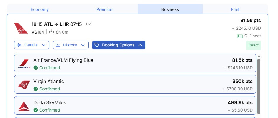 Screenshot comparing the same Atlanta to London Virgin Atlantic Upper Class award seat priced three ways: 81,500 points through Flying Blue with $245 in taxes and fees, 350,000 points through Virgin Atlantic with $709 in fees, and 499,900 Delta SkyMiles with $5.60 in taxes. The example shows how the airline operating the flight may not be the cheapest place to book the award.