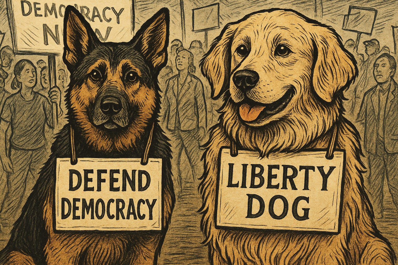 Illustration of two dogs at a pro-democracy rally wearing protest signs around their necks