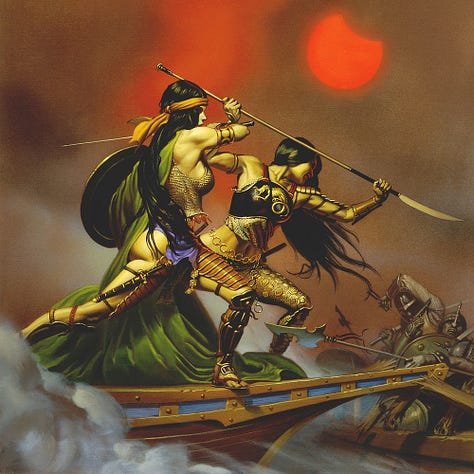 LEFT: Detail from AMAZONS 2 featuring two dark haired Amazon warriors poised to attack on the bow of a boat. One grips a spear overhead to stab downward. The other wields sword and shield captured in the moment of backswing. As they ram the other ship the armored men aboard are jarred back by the impact. CENTER: Pencil study for AMAZONS 2 featuring two Amazon warriors in the pose of the final painting. RIGHT: Preliminary concept for AMAZONS 2 featuring the scene for the cover except here the fog extends to the boat the Amazon pirates are attacking. The two Amazon warriors are poised on the bow of their boat, ready to attack, however the slender bow doesn’t splinter the gunwales of the other ship as in the final cover image.