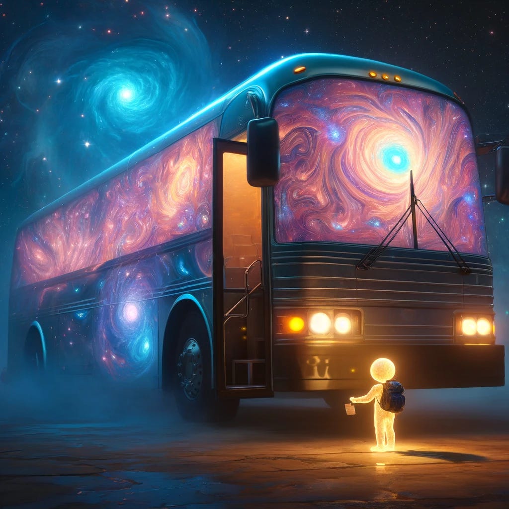 A whimsical, surreal image of a small, glowing humanoid soul standing beside a massive cosmic bus, which towers over it. The bus is adorned with cosmic patterns, including stars, galaxies, and nebula-like swirls, symbolizing a journey across the universe. The soul, holding a bus ticket and a tiny backpack, looks up at the towering bus with anticipation. The scene is set in a dreamlike cosmic environment, with a star-filled sky, celestial lights, and ethereal clouds, evoking a sense of awe and cosmic exploration. The atmosphere is mystical, adventurous, and slightly humorous.