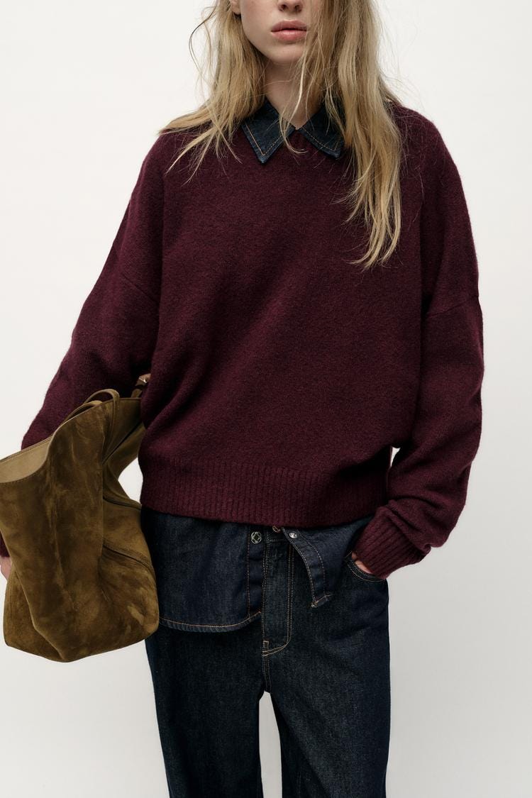 Zara BASIC SOFT KNIT SWEATER - Burgundy - Image 3