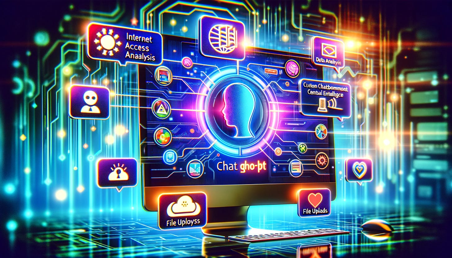 A vibrant digital illustration showing a ChatGPT interface on a computer screen, highlighting new features like internet access, image analysis, data analysis, file uploads, and custom chatbots. Icons or symbols for each feature should be clearly visible. The background should reflect a futuristic tech environment, symbolizing the advancement towards AI general intelligence.