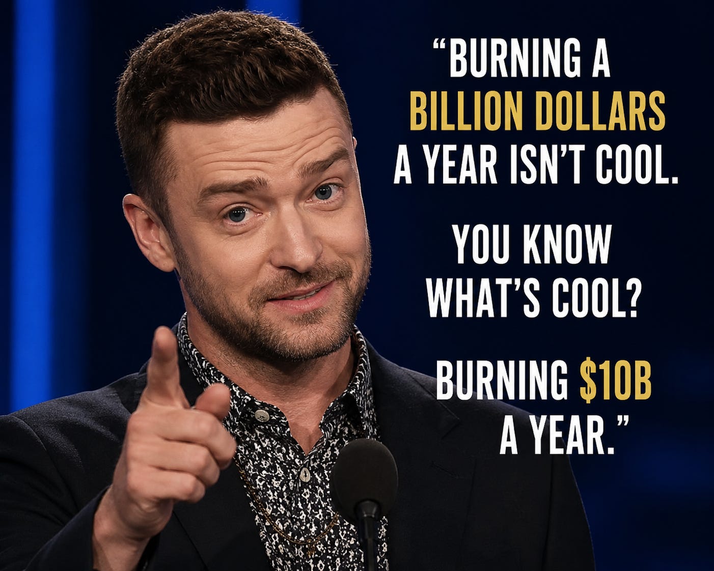 A Justin Timberlake-like man in a black blazer and patterned shirt speaks at a microphone against a dark blue background, gesturing with his index finger pointed toward the camera. White and gold text overlays a quote: 'Burning a billion dollars a year isn't cool. You know what's cool? Burning $10B a year.