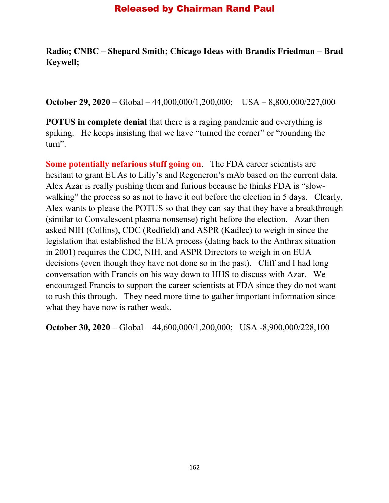 Diary page dated October 29, 2020, with the phrase Some potentially nefarious stuff going on printed in red, describing Azar pressuring the FDA five days before the election.