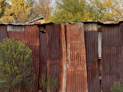 The photos display nine homes in the Sonoran architectural style traditional to the Southwest of the United States. The homes feature flat roofs, front walls that begin at the sidewalk's edge, colorful stucco exterior walls, and large windows.