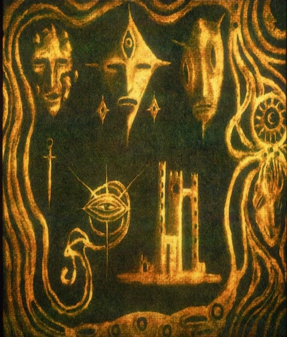 Abstract digital illustration with intricate golden borders enclosing multiple stylized masks: one demonic face with horns and sharp features on the left, a central mask with an all-seeing eye and diamond patterns, and a right mask with elongated features and sun motifs. Below the masks, a dark scene includes a central all-seeing eye symbol, a dagger with ornate hilt, a tall tower structure resembling a castle turret, swirling tentacle-like appendages, and geometric diamond shapes scattered throughout. The overall composition uses earthy green and black tones for the background contrasted by vibrant gold outlines and details.