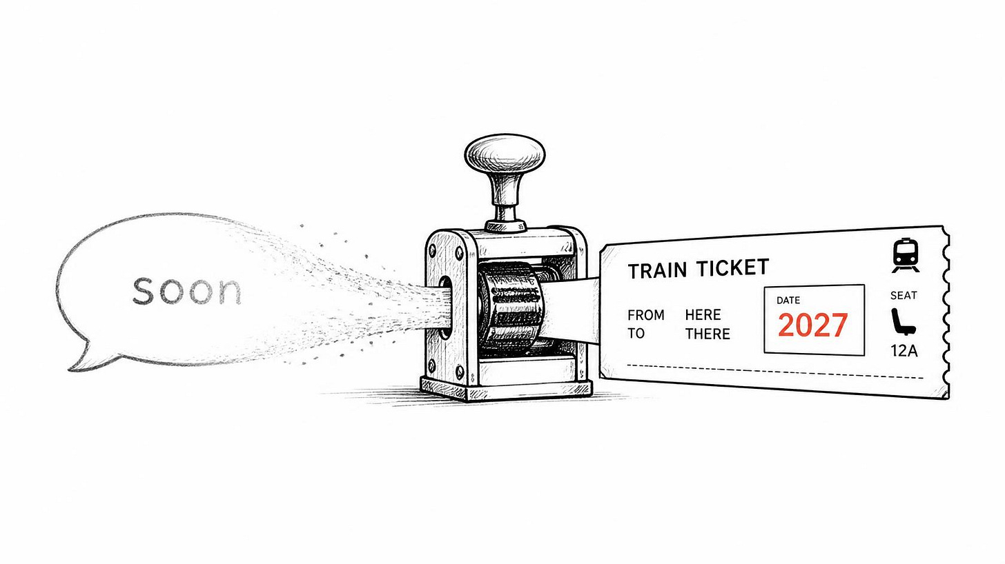 A vague “soon” speech bubble transforms into a train ticket with date
