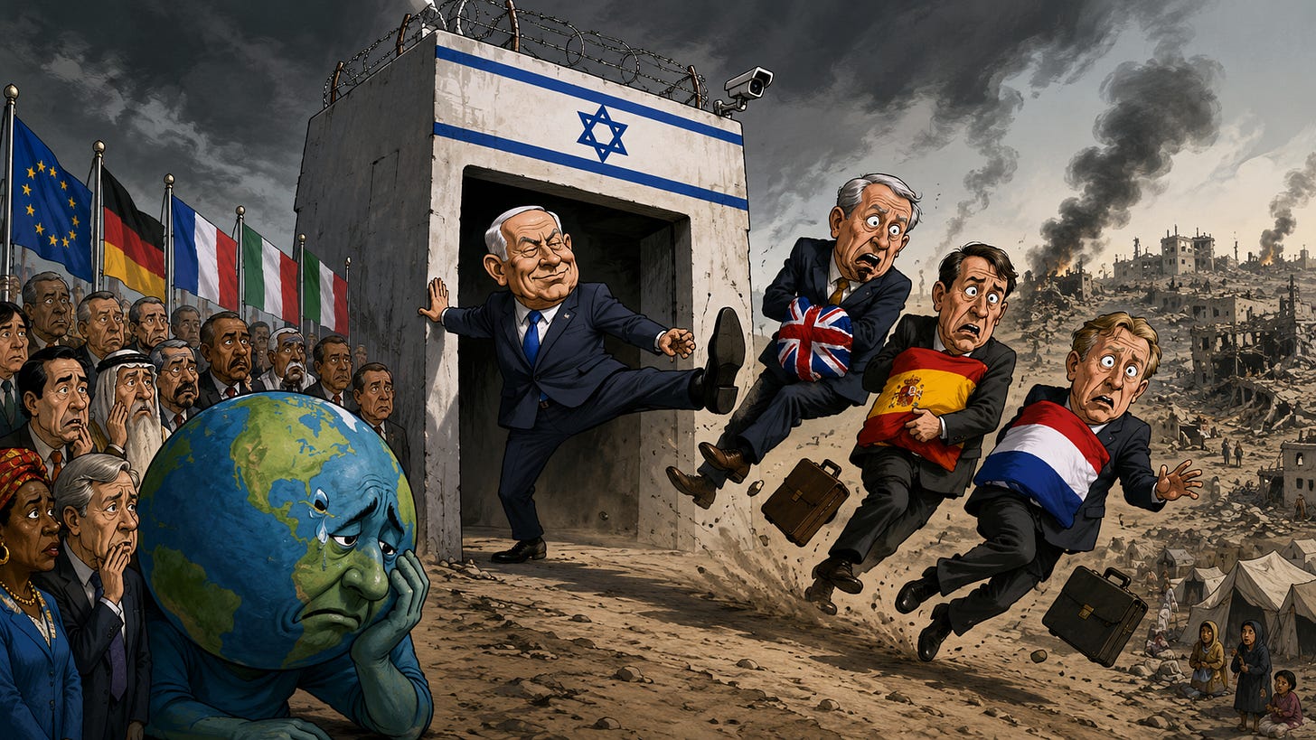 Illustration satirique au format 16:9 montrant Benjamin Netanyahou à l’entrée d’un édifice fortifié portant le drapeau israélien, expulsant d’un coup de pied trois diplomates européens enveloppés dans les drapeaux britannique, espagnol et néerlandais. Des représentants d’autres pays et un globe terrestre anthropomorphe attristé observent la scène, tandis que les ruines et les fumées de Gaza occupent l’arrière-plan.
