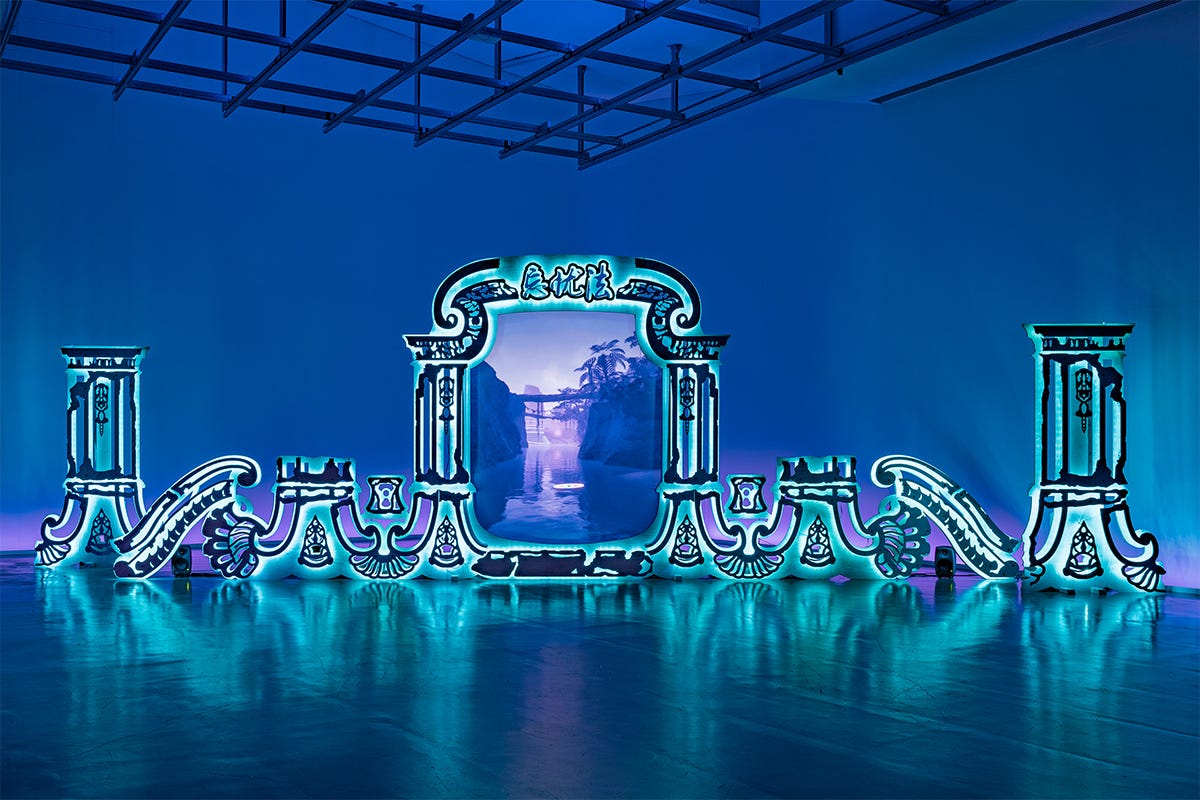 Lawrence Lek, Nepenthe (Summer Palace Ruins), 2022. Video game and video, soundtrack, 10min. Installation at QUAD, Derby, England, 2022. Photo by Damian Griffiths. Courtesy of the artist and Sadie Coles HQ.