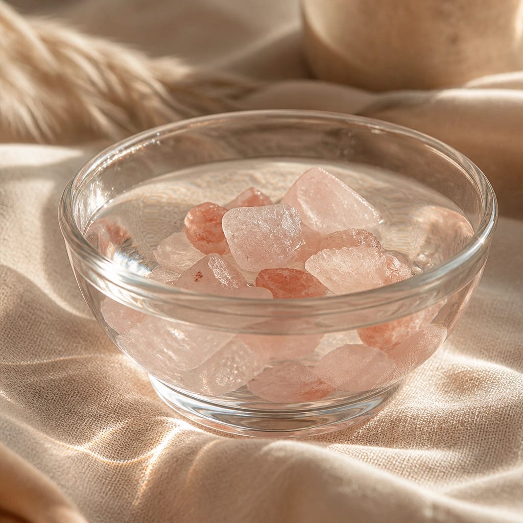 A close-up of a glass bowl filled with clear water and large Himalayan salt crystals