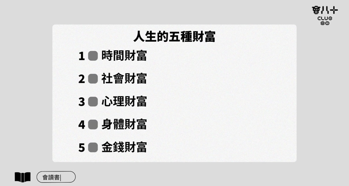 May be an image of text that says '人生的五種財富 흡/1+ CLUG 80 10 10時間財富 20 社會財富 3心理財富 3 40 40身體財富 5 50 5金錢財富 會讀書|'