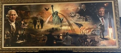 A long painting featuring presidents, the Statue of Liberty, soldiers planting a flag, a rocket ship flying, and more.