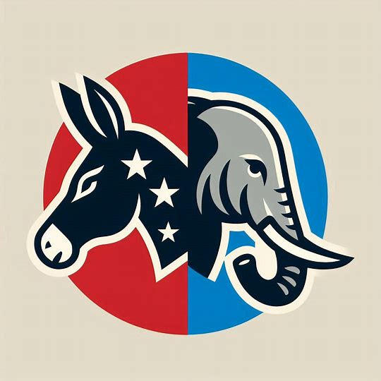 Democrat donkey logo and Republican elephant logo with the donkey's head facing left and the elephant's head facing right. Image 2 of 2