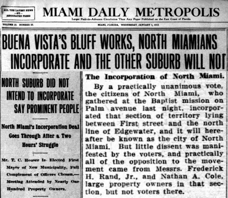 Composite of newspaper clippings in the Miami Metropolis on January 1, 1913, announcing the incorporation of the City of North Miami. Composite of newspaper clippings in the Miami Metropolis on January 1, 1913, announcing the incorporation of the City of North Miami.